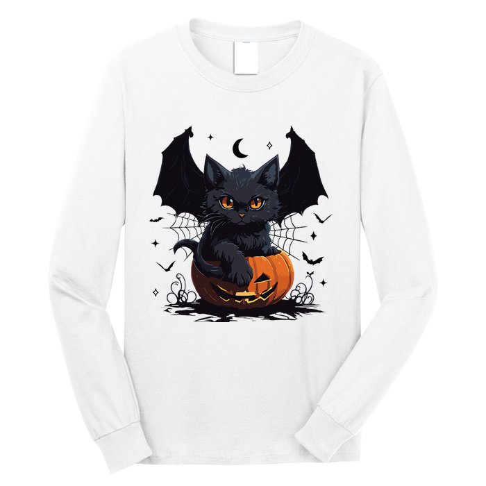 Cute Black Cat With Bat Wings Jack O Lantern Kitty Halloween Long Sleeve Shirt