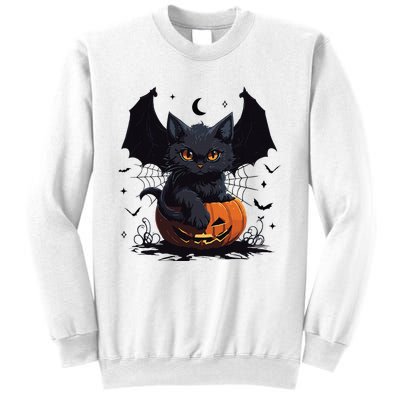 Cute Black Cat With Bat Wings Jack O Lantern Kitty Halloween Sweatshirt