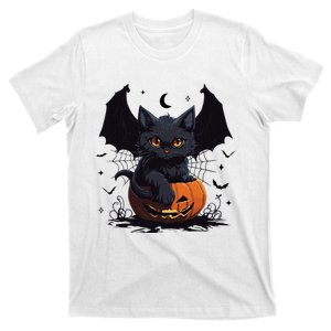 Cute Black Cat With Bat Wings Jack O Lantern Kitty Halloween T-Shirt