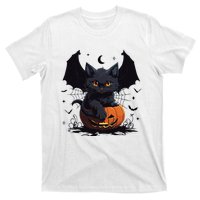 Cute Black Cat With Bat Wings Jack O Lantern Kitty Halloween T-Shirt