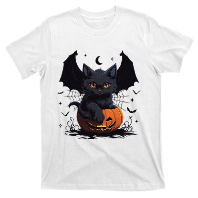 Cute Black Cat With Bat Wings Jack O Lantern Kitty Halloween T-Shirt