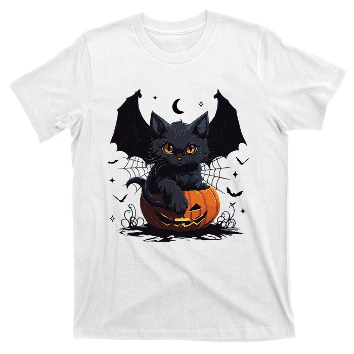 Cute Black Cat With Bat Wings Jack O Lantern Kitty Halloween T-Shirt