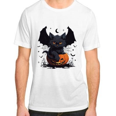 Cute Black Cat With Bat Wings Jack O Lantern Kitty Halloween Adult ChromaSoft Performance T-Shirt