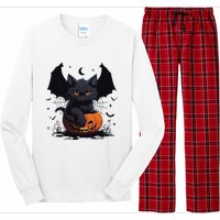 Cute Black Cat With Bat Wings Jack O Lantern Kitty Halloween Long Sleeve Pajama Set