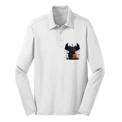 Cute Black Cat With Bat Wings Jack O Lantern Kitty Halloween Silk Touch Performance Long Sleeve Polo