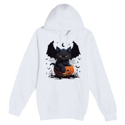 Cute Black Cat With Bat Wings Jack O Lantern Kitty Halloween Premium Pullover Hoodie