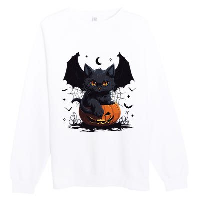 Cute Black Cat With Bat Wings Jack O Lantern Kitty Halloween Premium Crewneck Sweatshirt