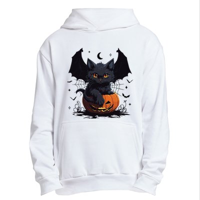 Cute Black Cat With Bat Wings Jack O Lantern Kitty Halloween Urban Pullover Hoodie