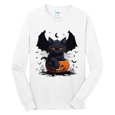 Cute Black Cat With Bat Wings Jack O Lantern Kitty Halloween Tall Long Sleeve T-Shirt