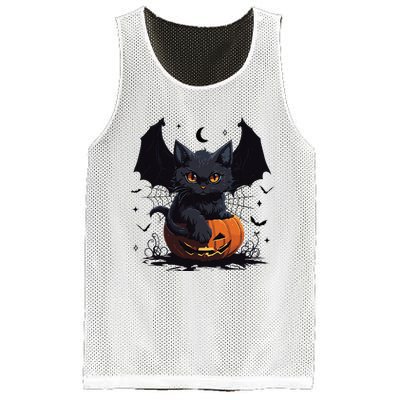 Cute Black Cat With Bat Wings Jack O Lantern Kitty Halloween Mesh Reversible Basketball Jersey Tank