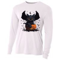 Cute Black Cat With Bat Wings Jack O Lantern Kitty Halloween Cooling Performance Long Sleeve Crew