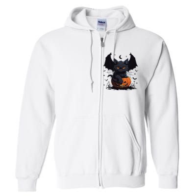 Cute Black Cat With Bat Wings Jack O Lantern Kitty Halloween Full Zip Hoodie