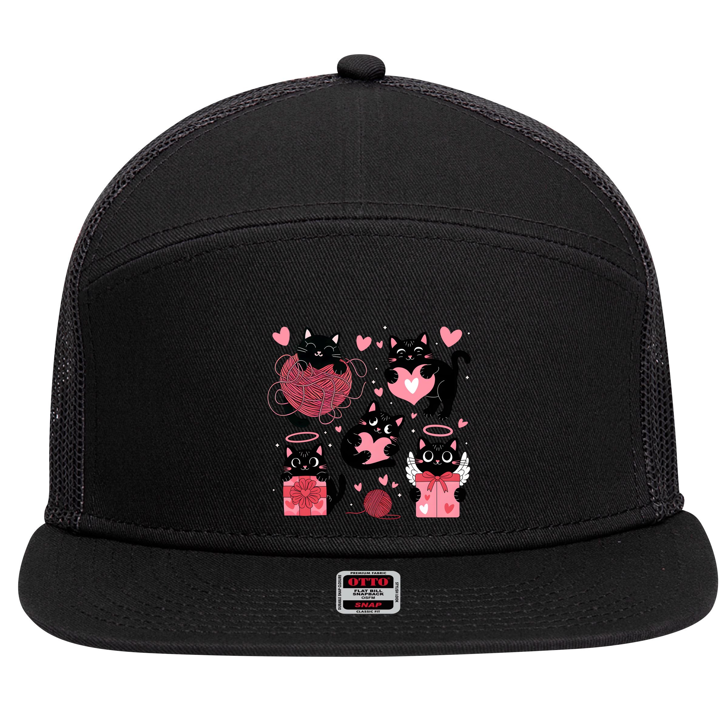 Cute Black Cat Lover Lovely Funny Cat Heart 7 Panel Mesh Trucker Snapback Hat