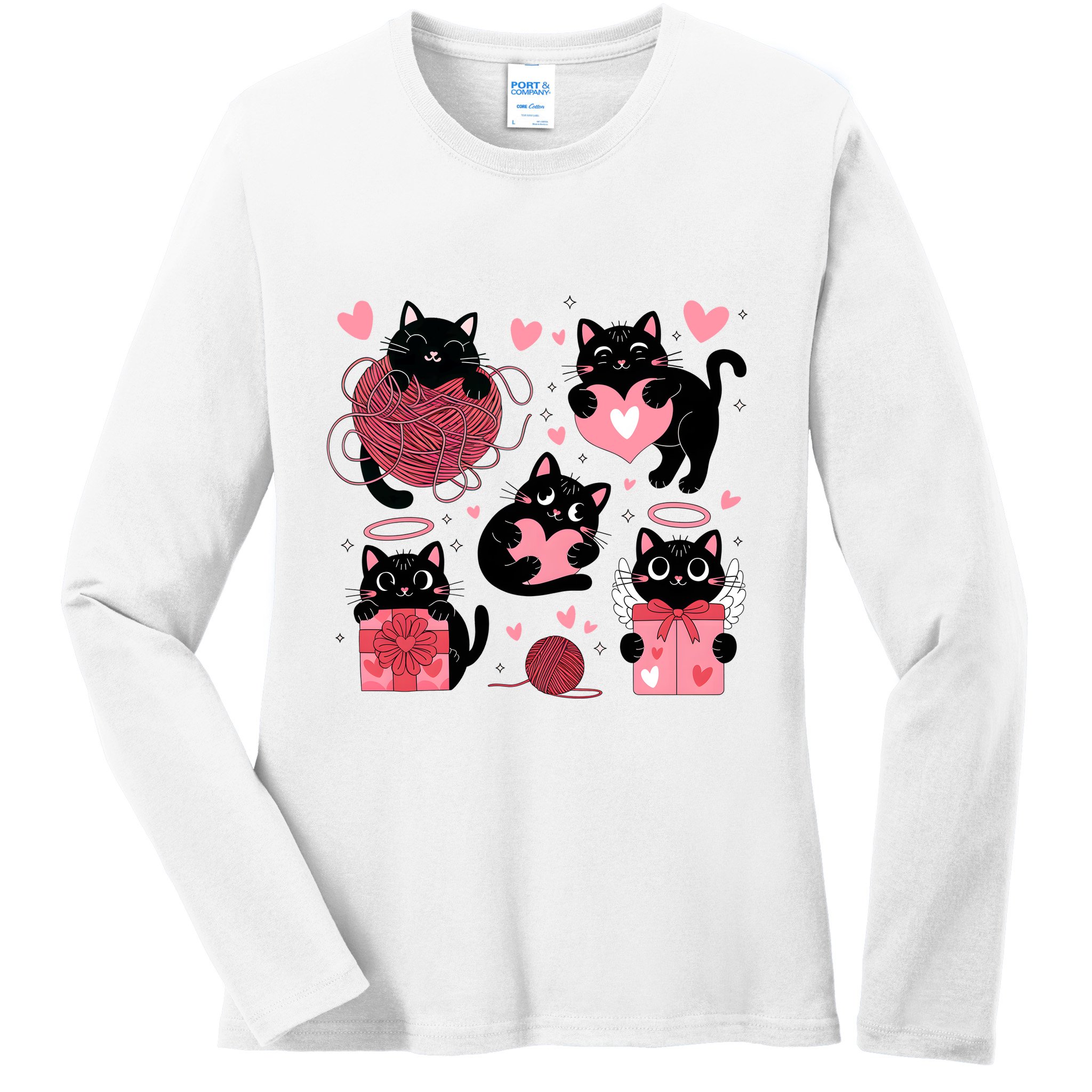 Cute Black Cat Lover Lovely Funny Cat Heart Ladies Long Sleeve Shirt