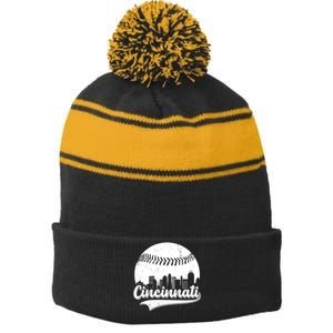 Cincinnati Baseball City Skyline Stripe Pom Pom Beanie