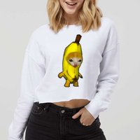 Cute Banana Cat Happy Bananacat Meme Kitty Cat Lovers Meme Cropped Pullover Crew