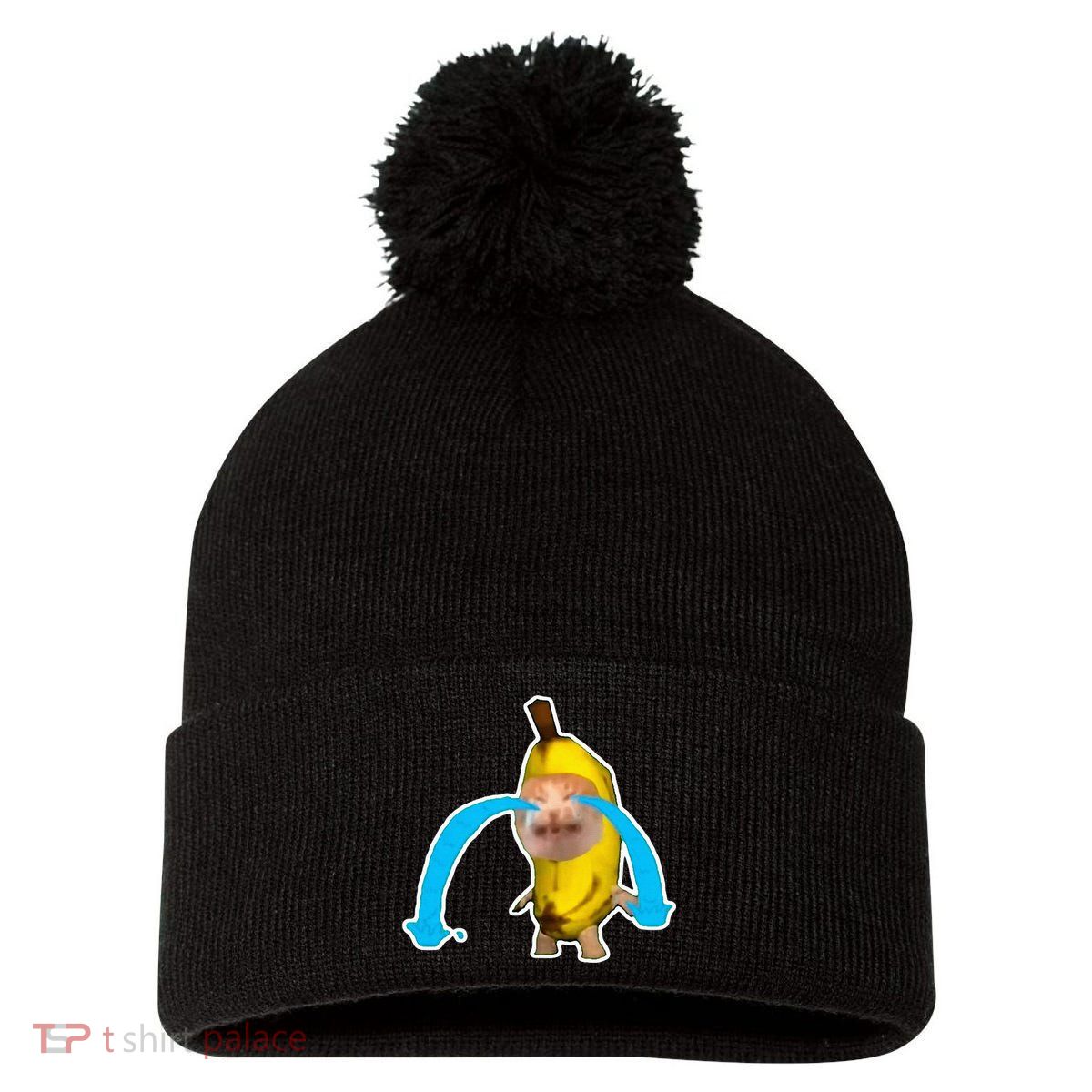 Crying Banana Cat Meme Pom Pom 12in Knit Beanie