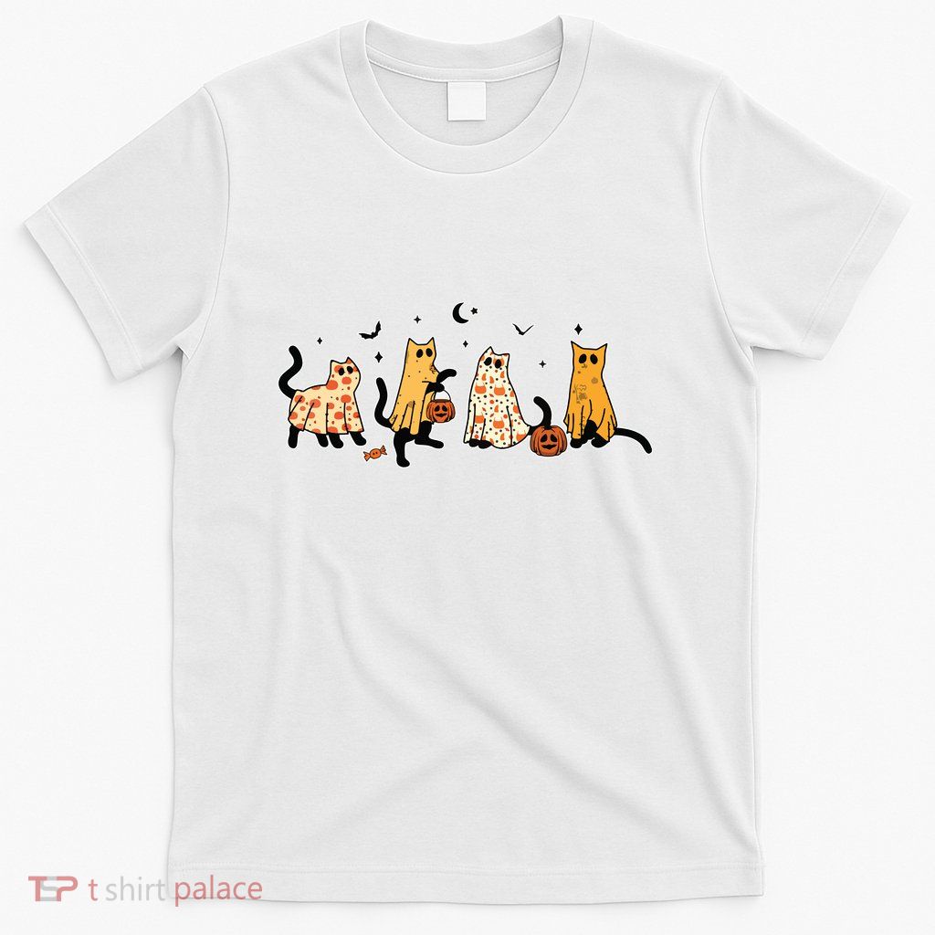 Cute Black Cats In Ghost Costume Women And Halloween T-Shirt
