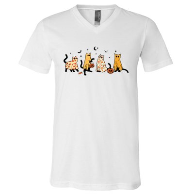 Cute Black Cats In Ghost Costume Women And Halloween V-Neck T-Shirt