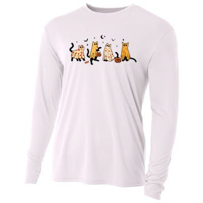 Cute Black Cats In Ghost Costume Women And Halloween Cooling Performance Long Sleeve Crew