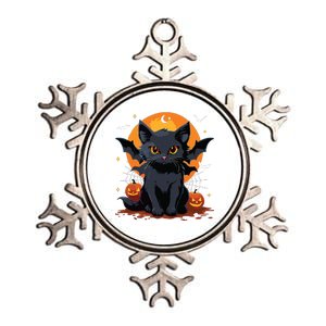 Cute Black Cat With Bat Wings Pumpkin Women Halloween Metallic Star Ornament