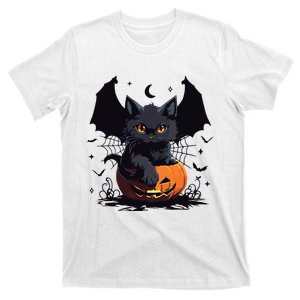 Cute Black Cat With Bat Wings Jack O Lantern Kitty Halloween T-Shirt