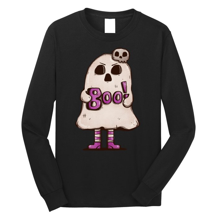 Cute Boo Creepy Scary Skull Skeleton Long Sleeve Shirt