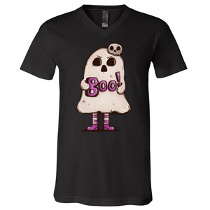 Cute Boo Creepy Scary Skull Skeleton V-Neck T-Shirt