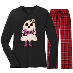 Cute Boo Creepy Scary Skull Skeleton Women's Long Sleeve Flannel Pajama Set 