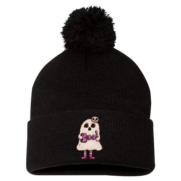 Cute Boo Creepy Scary Skull Skeleton Pom Pom 12in Knit Beanie