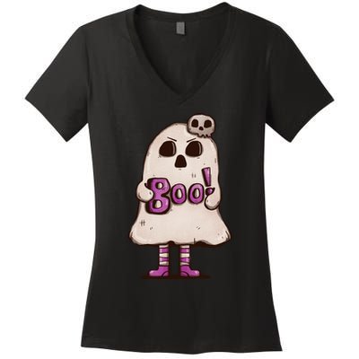 Cute Boo Creepy Scary Skull Skeleton Women's V-Neck T-Shirt