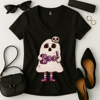 Cute Boo Creepy Scary Skull Skeleton Women's V-Neck T-Shirt