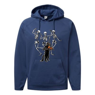 Creepy Black Cat And Dancing Skeleton Dance Of The Death Gift Performance Fleece Hoodie