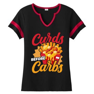 Curds Before Carbs Cheddar Cheese Curd Fast Food Snack Ladies Halftime Notch Neck Tee