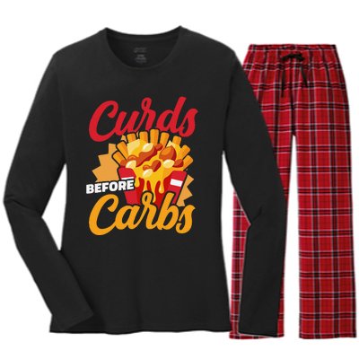 Curds Before Carbs Cheddar Cheese Curd Fast Food Snack Women's Long Sleeve Flannel Pajama Set 