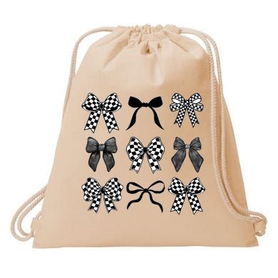 Coquette Bow Checkered Flag Race Car Racing Women Cute Drawstring Bag
