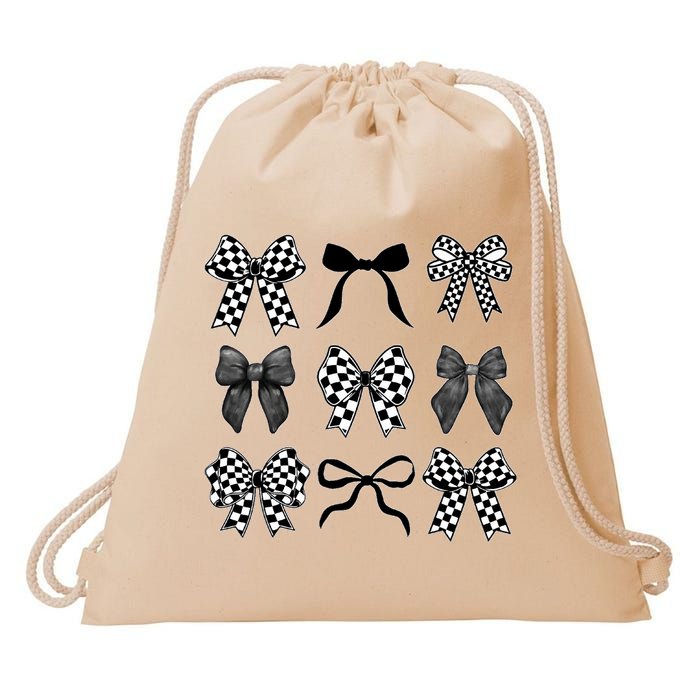 Coquette Bow Checkered Flag Race Car Racing Women Cute Drawstring Bag