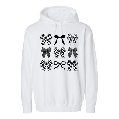 Coquette Bow Checkered Flag Race Car Racing Women Cute Garment-Dyed Fleece Hoodie