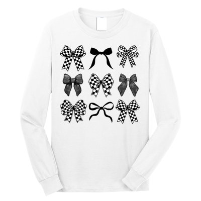 Coquette Bow Checkered Flag Race Car Racing Women Cute Long Sleeve Shirt