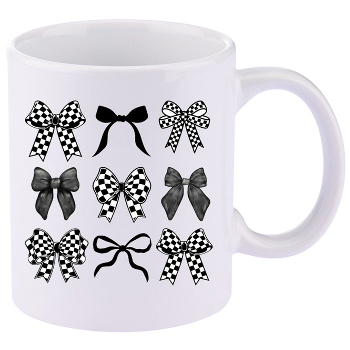 Coquette Bow Checkered Flag Race Car Racing Women Cute 11oz C Handle Ceramic Mug