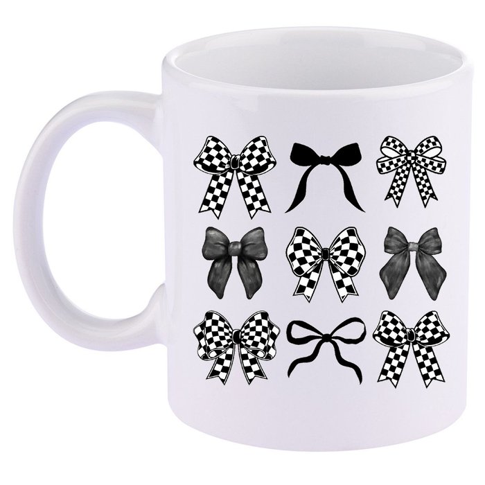Coquette Bow Checkered Flag Race Car Racing Women Cute 11oz C Handle Ceramic Mug