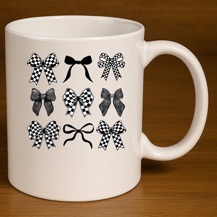 Coquette Bow Checkered Flag Race Car Racing Women Cute 11oz C Handle Ceramic Mug