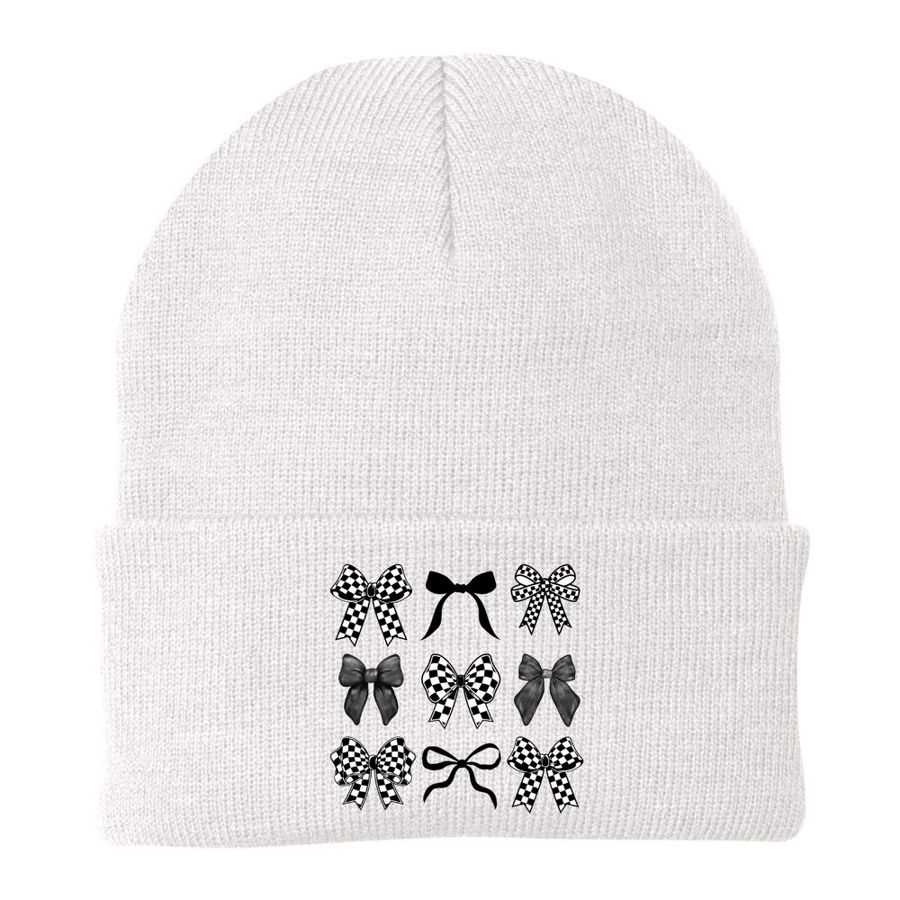Coquette Bow Checkered Flag Race Car Racing Women Cute Beanie