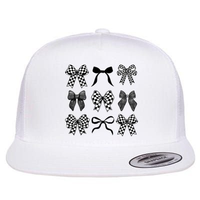 Coquette Bow Checkered Flag Race Car Racing Women Cute Flat Bill Trucker Hat