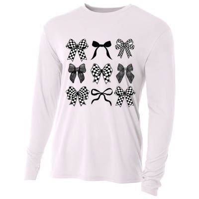Coquette Bow Checkered Flag Race Car Racing Women Cute Cooling Performance Long Sleeve Crew