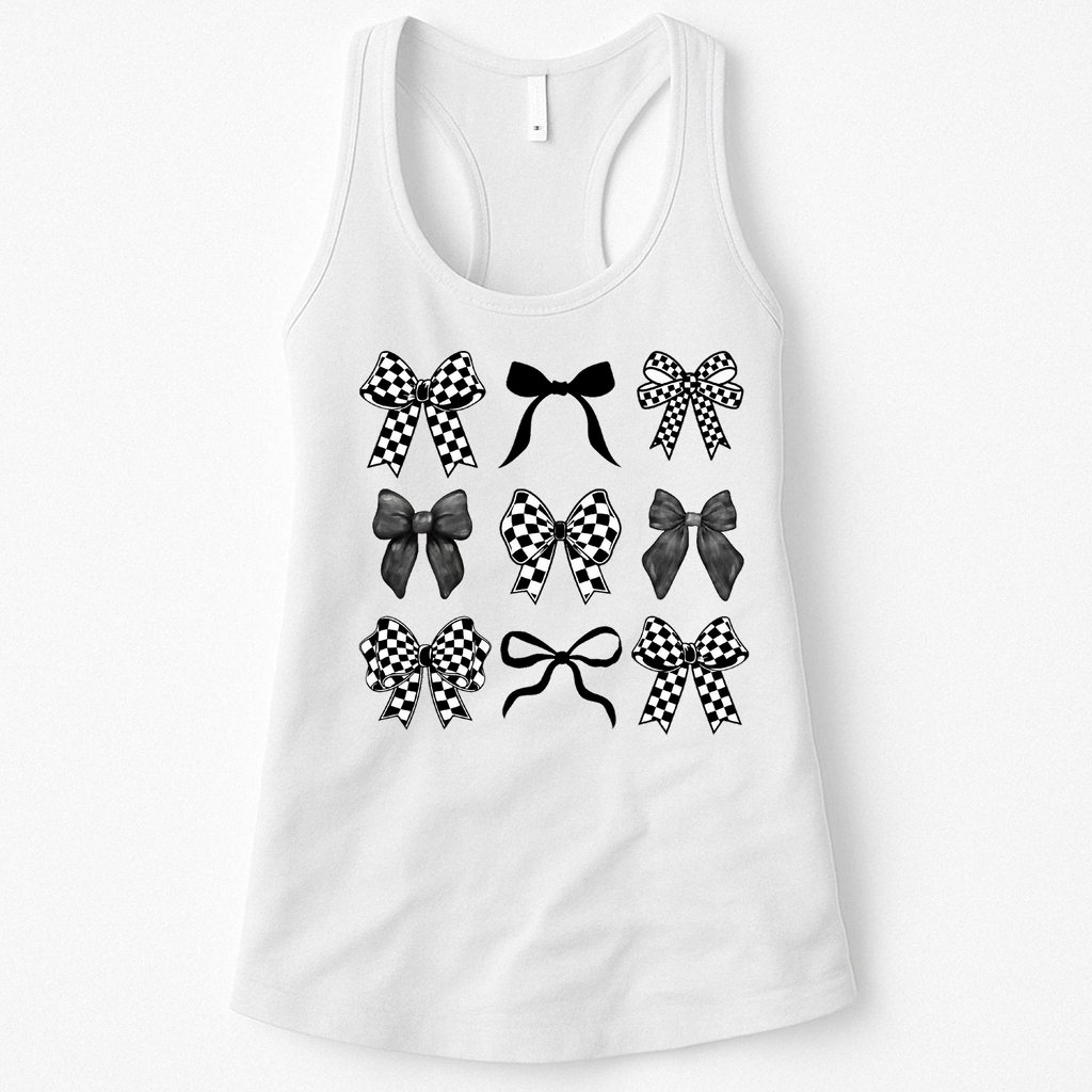 Coquette Bow Checkered Flag Race Car Racing Women Cute Womens Tank Top