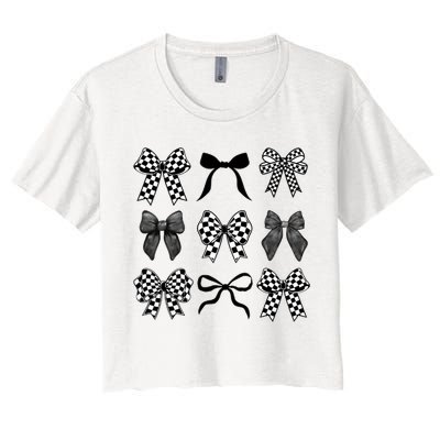 Coquette Bow Checkered Flag Race Car Racing Women Cute Women's Crop Top Tee