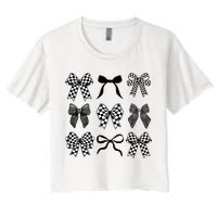 Coquette Bow Checkered Flag Race Car Racing Women Cute Women's Crop Top Tee