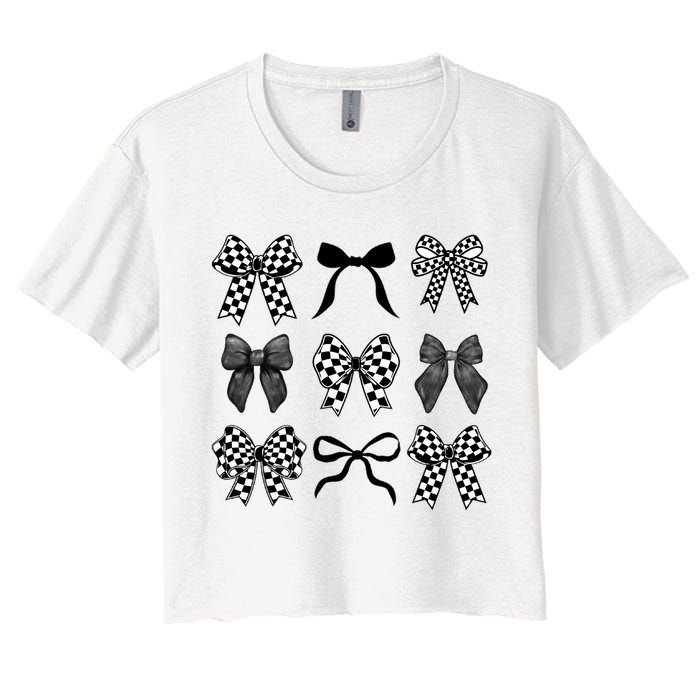 Coquette Bow Checkered Flag Race Car Racing Women Cute Women's Crop Top Tee