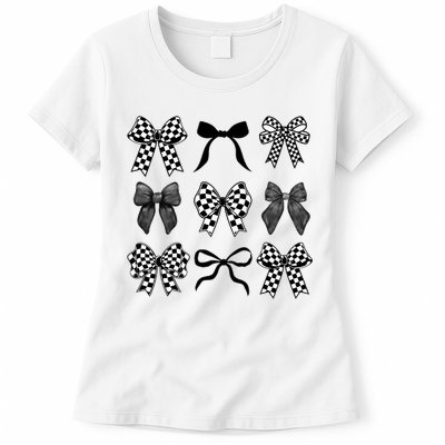 Coquette Bow Checkered Flag Race Car Racing Women Cute Womens T-Shirt